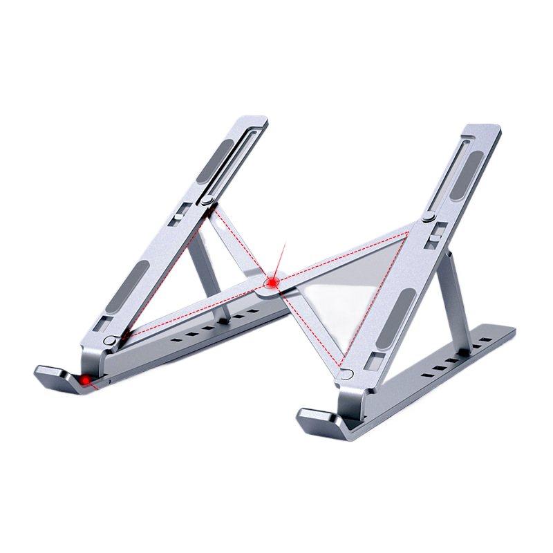 Silver adjustable laptop stand on a white background