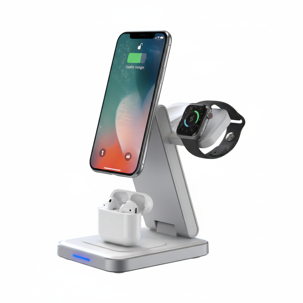 Multi-device charging stand with smartphone, smartwatch, and earbuds on a white background